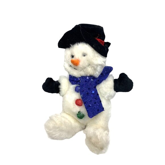 Commonwealth Plush Snowman Stuffed Animal Doll Toy 9 in Tall White Blue Black - Picture 1 of 4